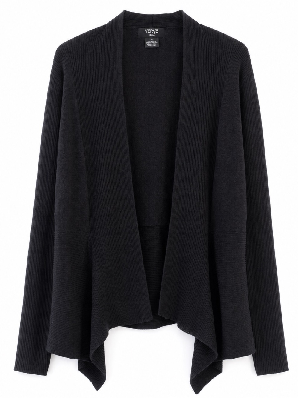 Verve Ami Black Ribbed Open Front Waterfall Cardigan Long Sleeve Size M